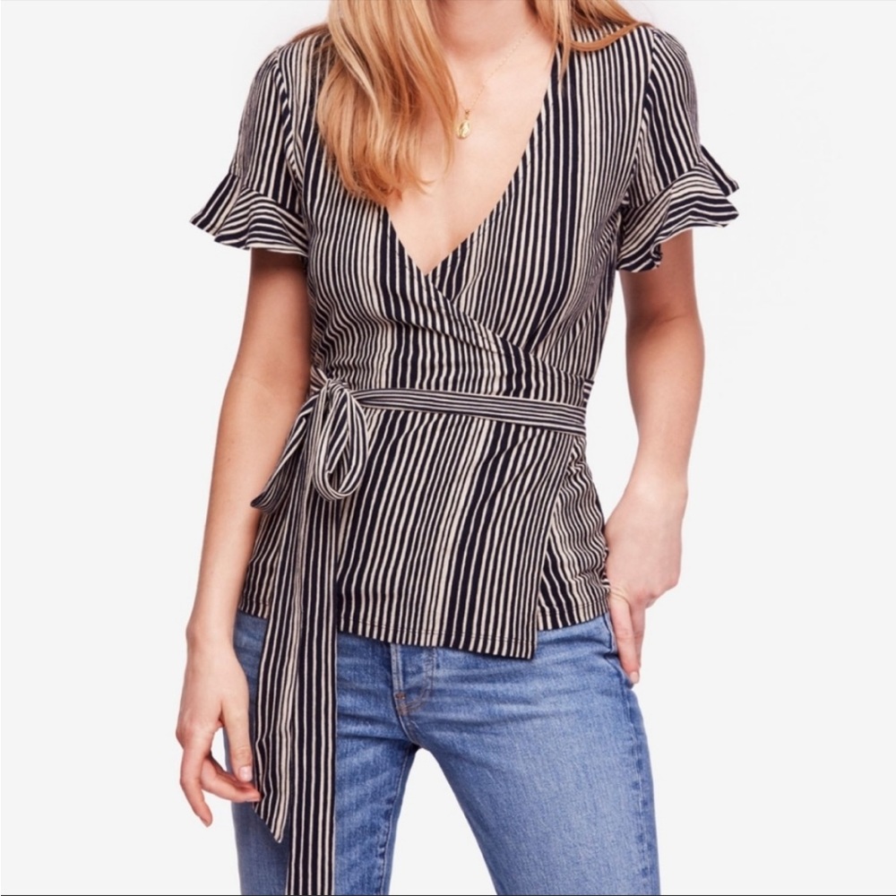 Free People Stripe Wrap Ruffle Sleeve Top XS wrapped around my finger